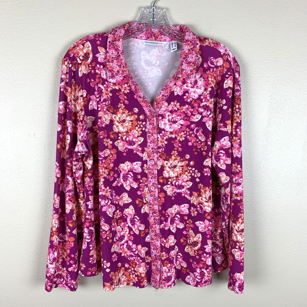 Isaac Mizrahi Live Size L Floral Knit Blouse Button Up Pink Stretch Comfy Top
